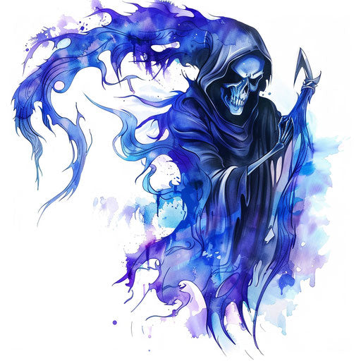 Artistic interpretation of a reaper tattoo with vivid blue and purple flames, designed on a stark white background.