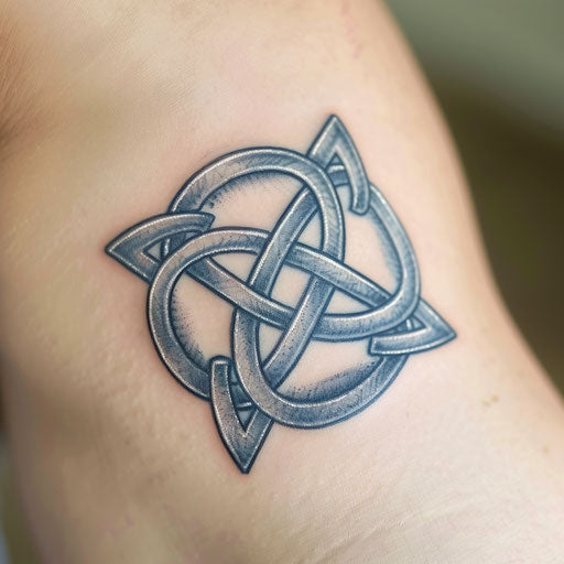 Sleek silver and grey Celtic knot tattoo on white background