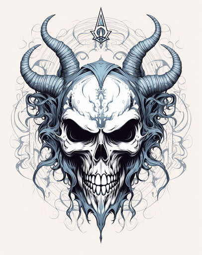 Demon skull tattoo, graphite realism, low resolution