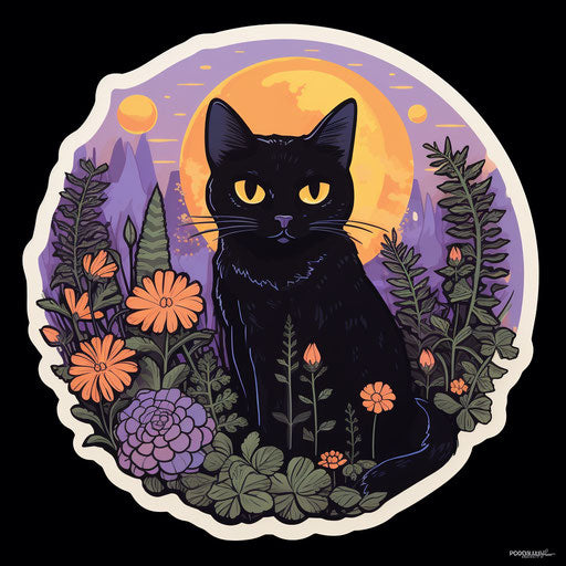 Black cats sticker for the black witch, botanical abundance style in white and purple