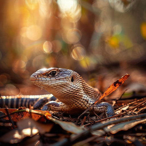 Blue tongue skink in a sunlit forest with soft lighting