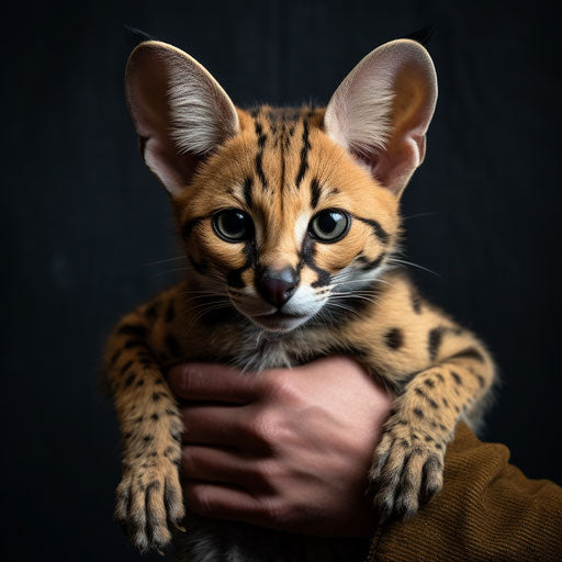 A serval cat being held by its owner