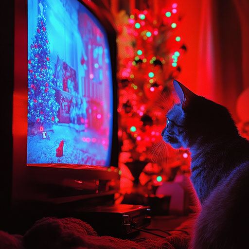 Cat watching intently a Christmas movie on TV