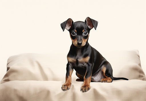 Black and brown miniature pinscher puppy on a white couch