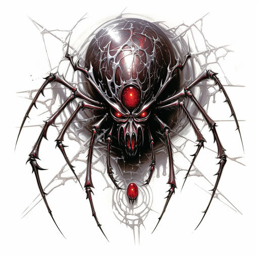 Ink spider tattoo design, red eye, black spider, chrome style