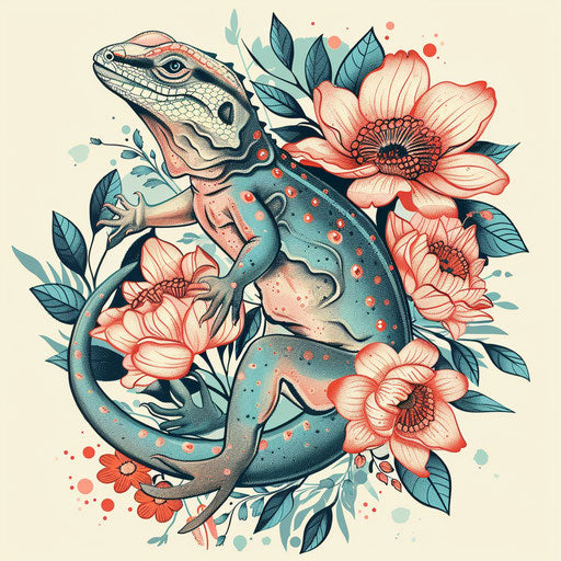 Elegant flat tattoo sketch of lizard with floral patterns