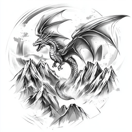 Tribal dragon tattoo flying over mountains