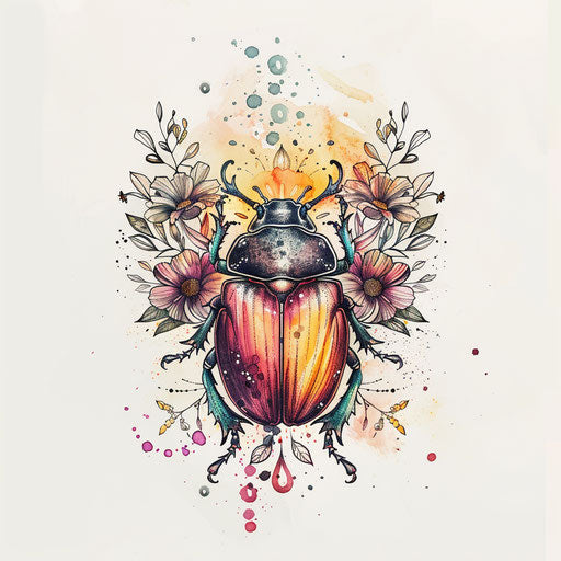 Elegant tattoo sketch of a beetle surrounded by floral motifs in a soft watercolor clipart style