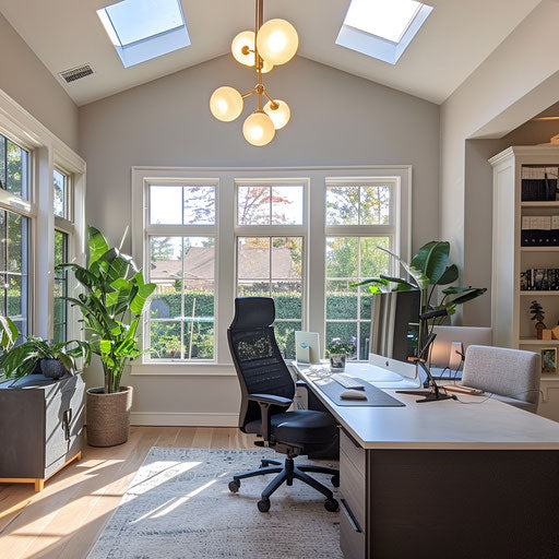 Home office with custom lighting simulating natural cycles