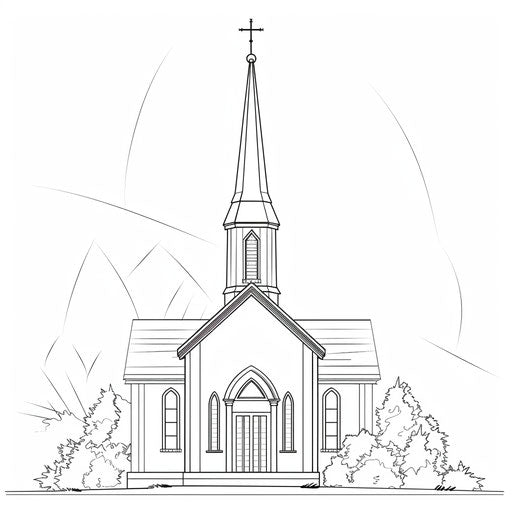 Church with tall steeple depicted with simple and bold outline