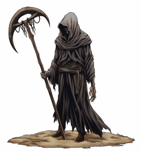 Black death wielding scythe, anime style, symbolic props, xbox 360 graphics