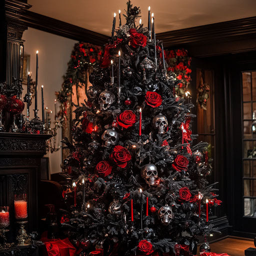Gothic Christmas tree in a dimly lit room