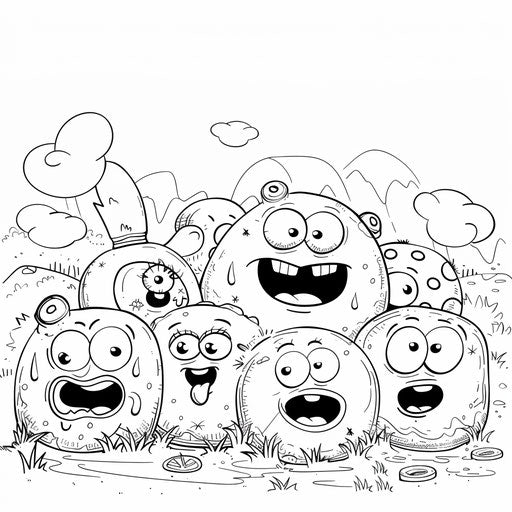 Cartoon donut family with different expressions in a playful scene