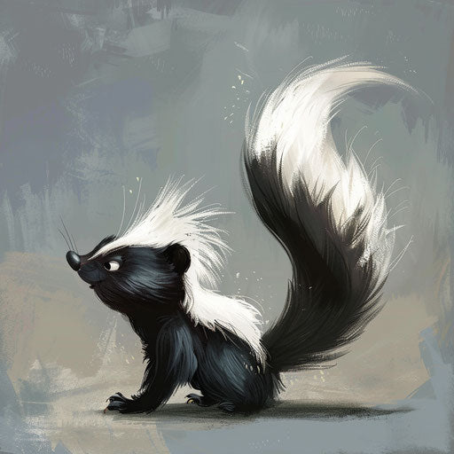 The skunk playful with raised tail