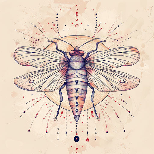 Detailed sketch of a firefly with intricate line work and soft pastel colors in clipart style
