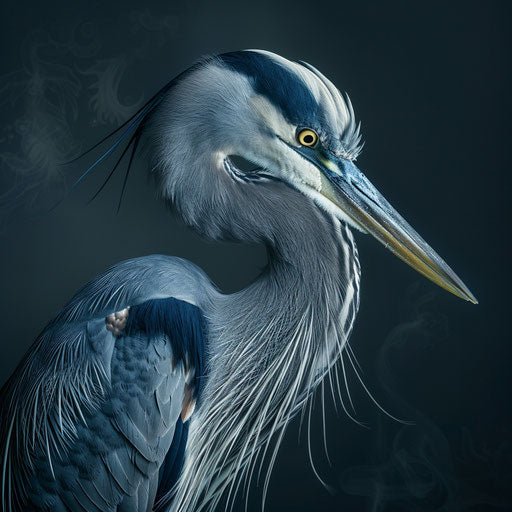 Blue heron with intricate feather details on dark backdrop