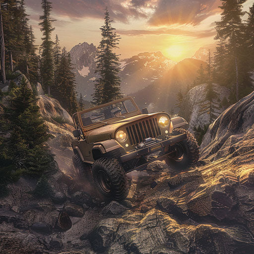 Off-road vehicle climbing rocky mountain at sunset
