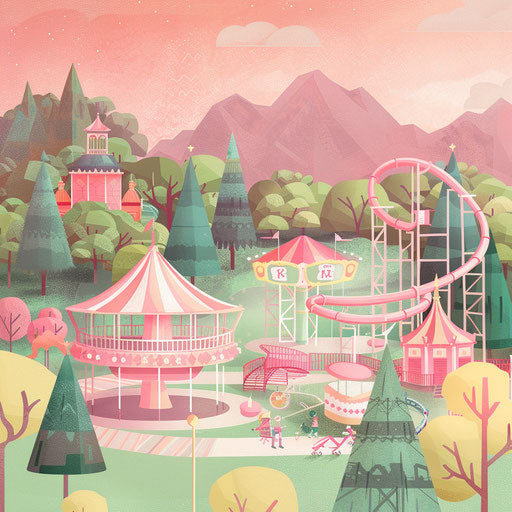 Realistic amusement park on dusky rose background