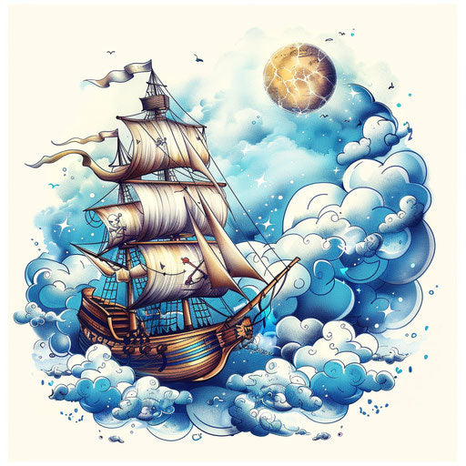 Surreal tattoo sketch of a pirate ship floating among clouds
