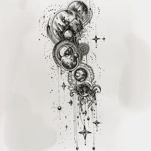 Cosmic lace tattoo sketch with cosmic elements like planets