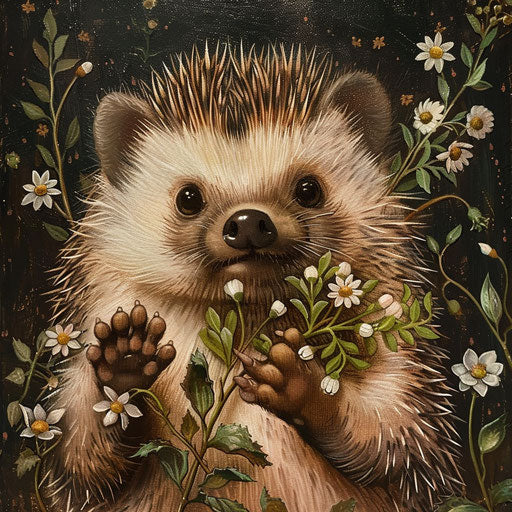 Delicate paws of a hedgehog holding spring flowers