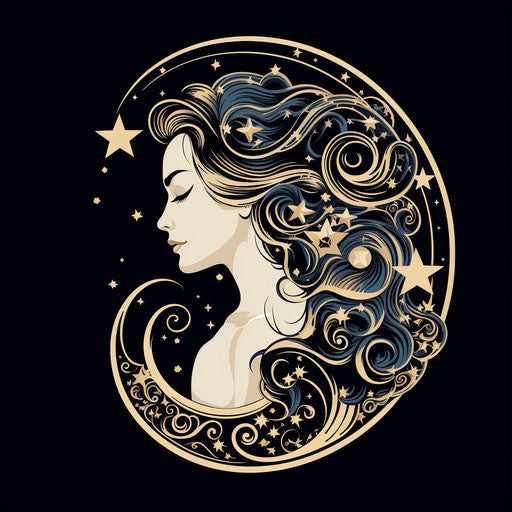 Drawing of the moon with a girl in ornate style