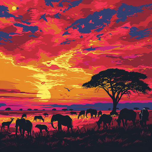 Animals silhouetted against a vibrant sunset on the African plains