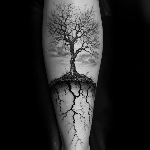 tree tattoos for men showcasing a tree growing out of a cracked earth, in the style of David Palumbo