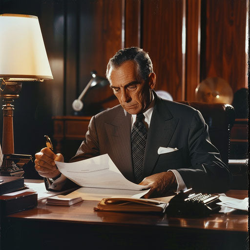 Serious review of documents at a corporate desk