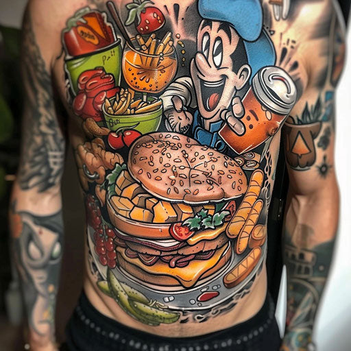 Men's Belly Tattoos with Cartoon Character, Steve Sack Style