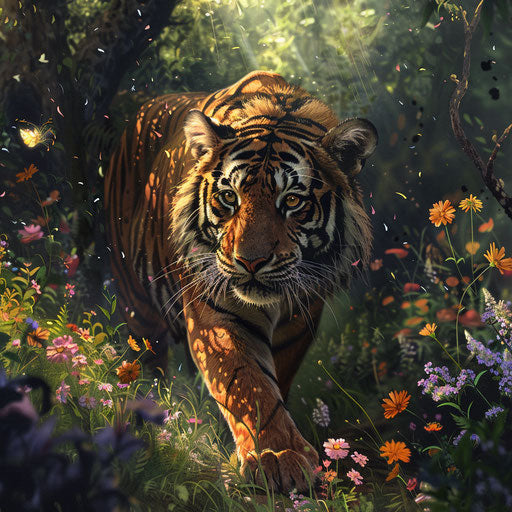 Sumatran tiger smelling the air in a flowery forest