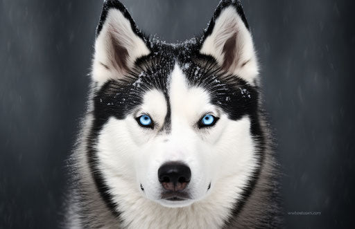 Black and white husky dog with blue eyes, silver and light maroon style