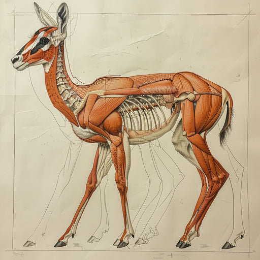 Detailed anatomical study of a gazelle, showcasing its muscular and skeletal structure