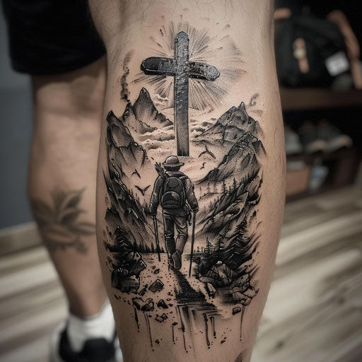 Epic cross tattoo depicting a pilgrimage