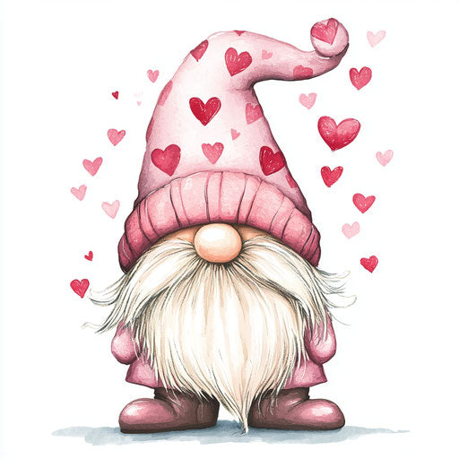 Valentine's Day gnome in pink hat with hearts