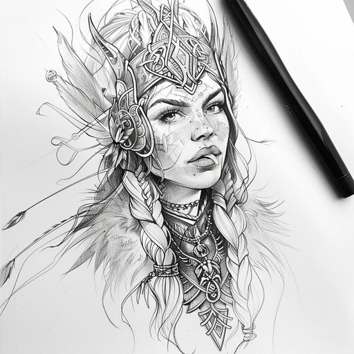 Exotic flat tattoo sketch of Freya adorned with traditional Sami patterns and attire