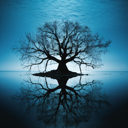 Tree in a water mirror hanging on the water reflection