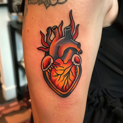 Anatomical heart tattoo accentuated with fire and flames in a bright color scheme, on a white background.