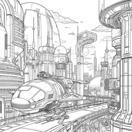 Futuristic robot city with high-tech buildings and robots, coloring book page