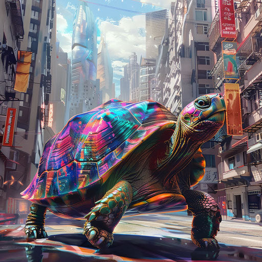 Turtle with colorful shell in monochrome city