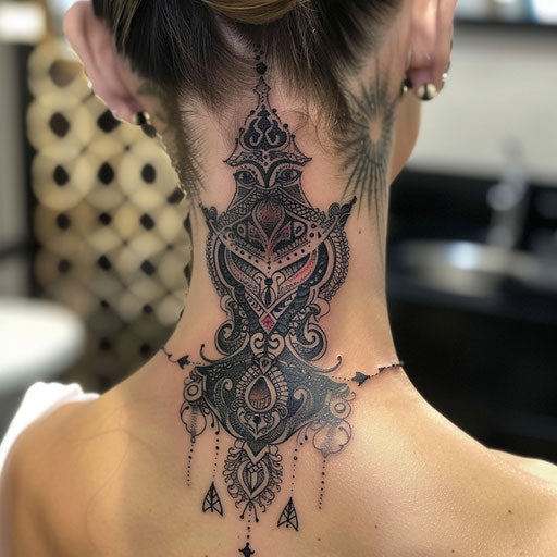 Neck tattoos for females with dark fantasy, David Palumbo style