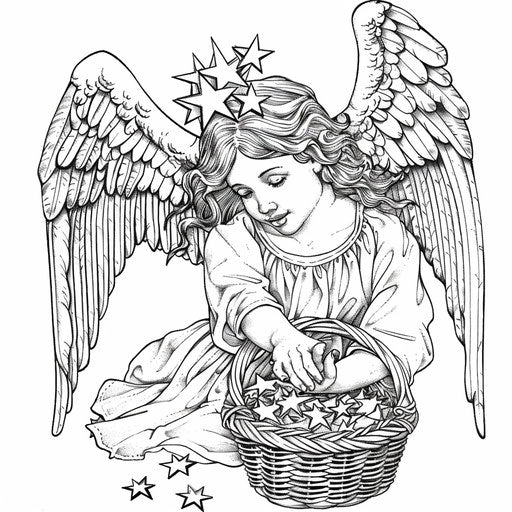 A playful angel holding a basket of stars, ready to scatter them