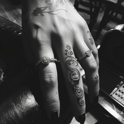Wedding ring tattoo on finger with music notes