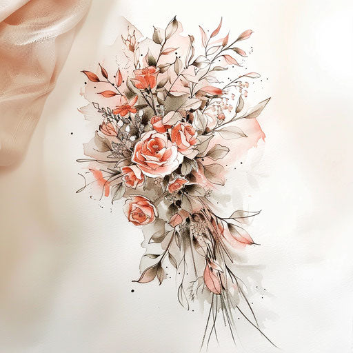 Elegant flat tattoo sketch of a wedding bouquet in soft watercolor tones