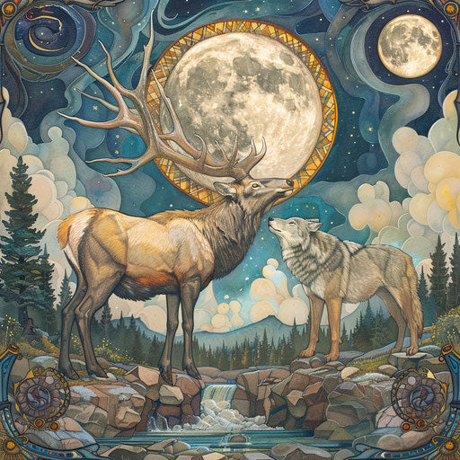 Peaceful harmony between an elk and a wolf