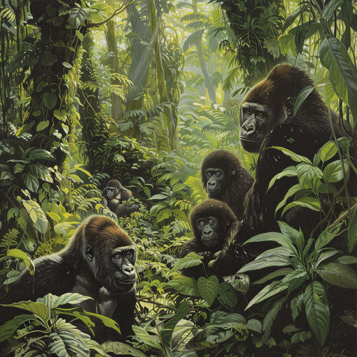 Family of gorillas foraging in lush, green forest canopy
