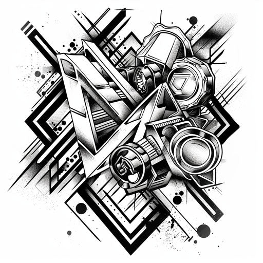 Contemporary tattoo sketch of abstract fitness equipment in geometric pattern, monochrome clipart style
