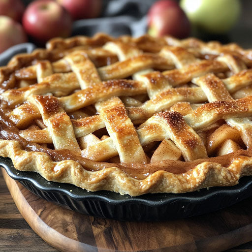 Appetizing apple pie on wooden cutting board