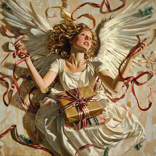 Playful angel wrapping Christmas gifts