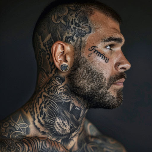 Men's neck tattoo with a fierce tiger, in the style of Ami James
